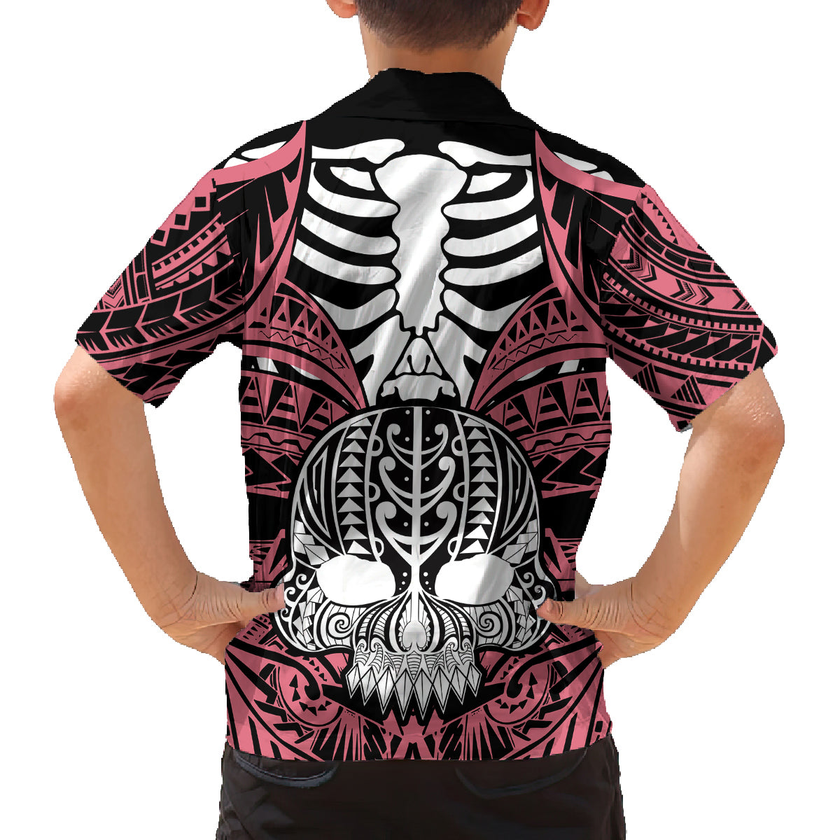 Personalised Polynesia Skull Family Matching Tank Maxi Dress and Hawaiian Shirt With Boars Tusk Pink Arty Vibe LT9 - Polynesian Pride