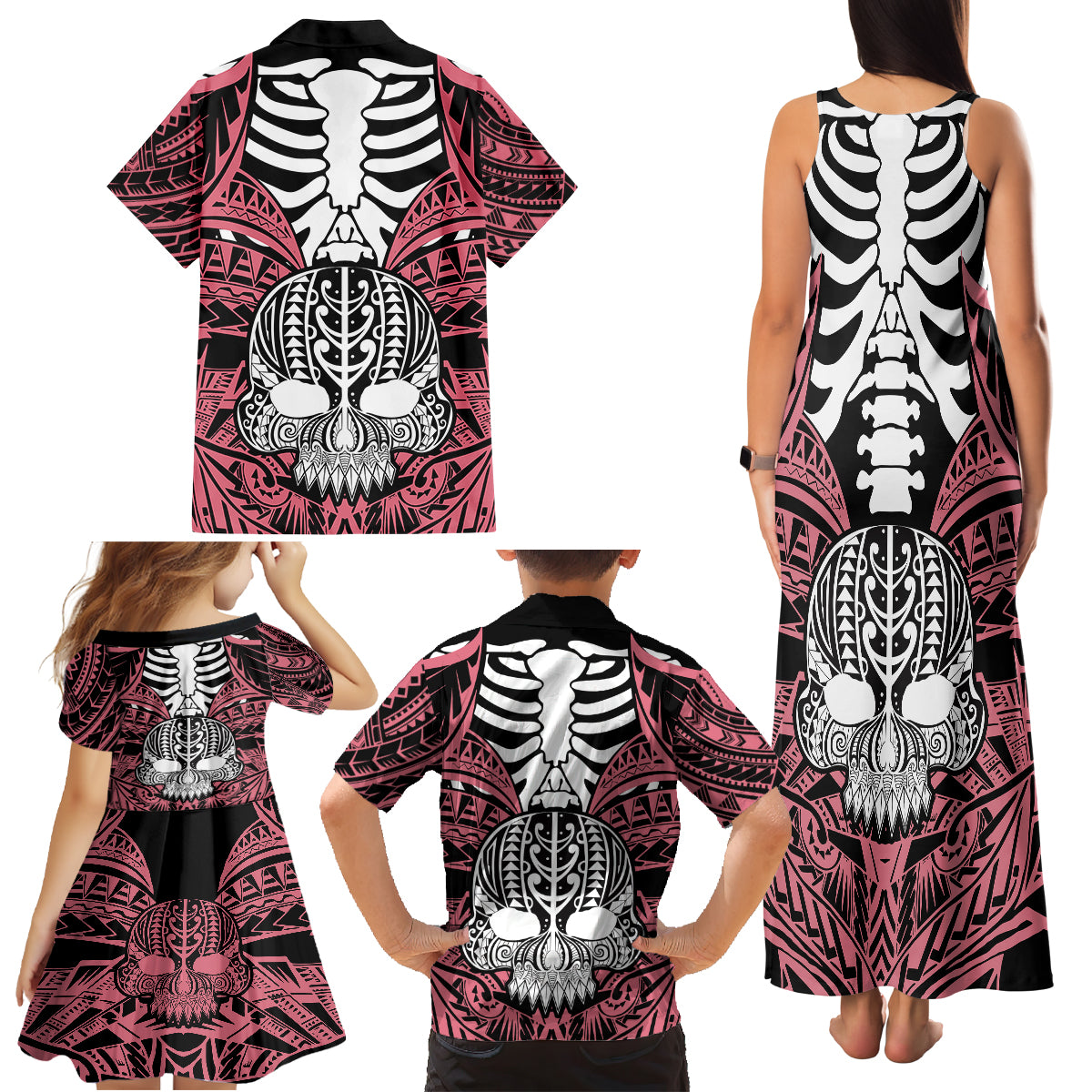 Personalised Polynesia Skull Family Matching Tank Maxi Dress and Hawaiian Shirt With Boars Tusk Pink Arty Vibe LT9 - Polynesian Pride