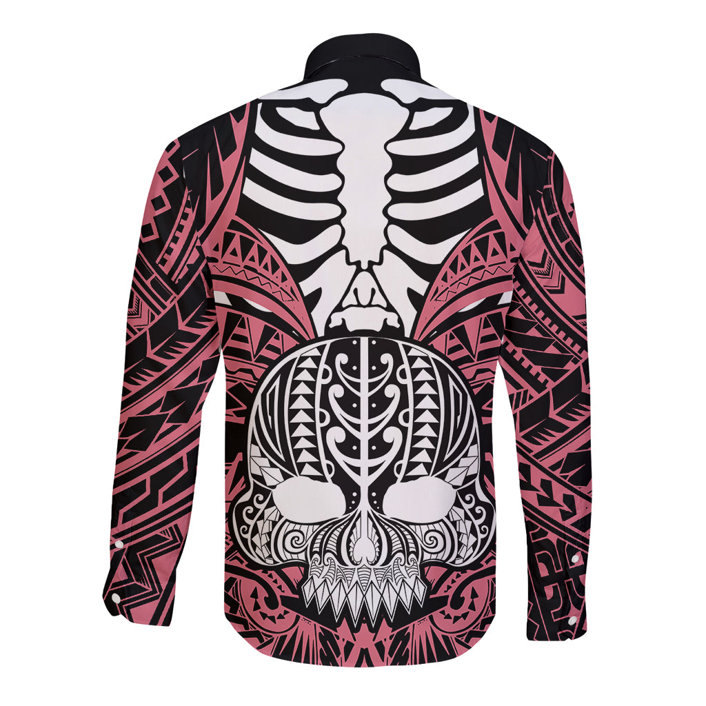 personalised-polynesia-skull-long-sleeve-button-shirt-with-boars-tusk-pink-arty-vibe