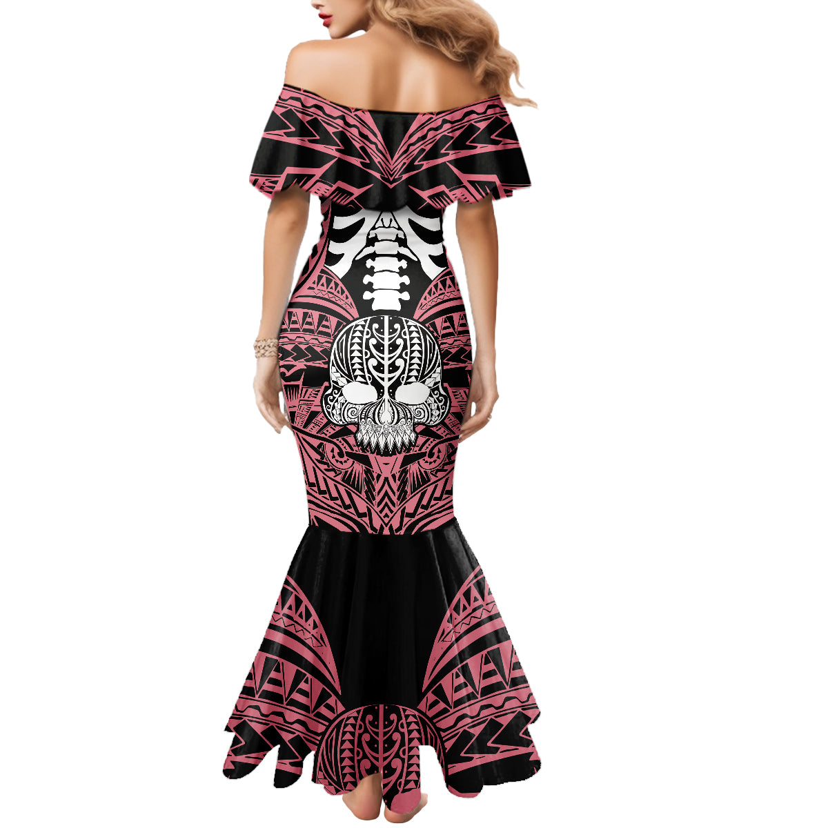 personalised-polynesia-skull-mermaid-dress-with-boars-tusk-pink-arty-vibe