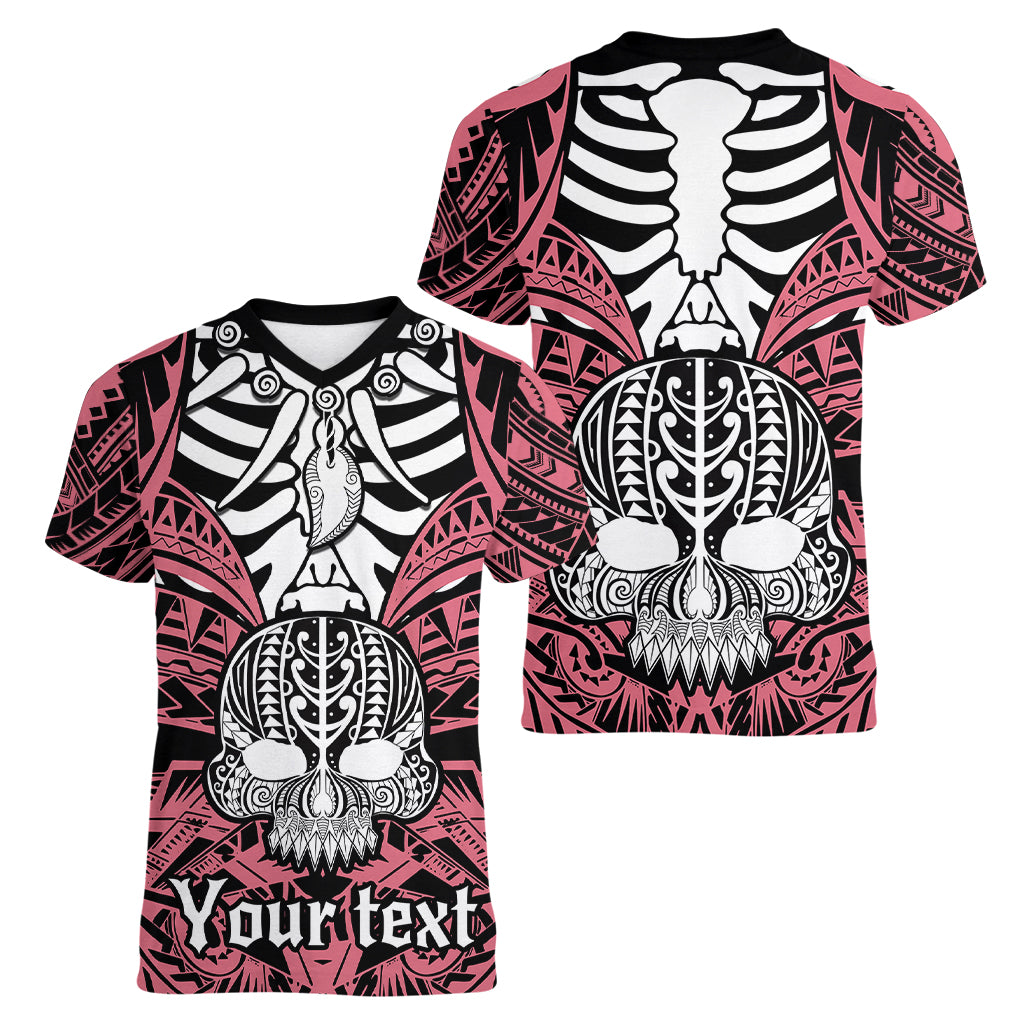 personalised-polynesia-skull-women-v-neck-t-shirt-with-boars-tusk-pink-arty-vibe