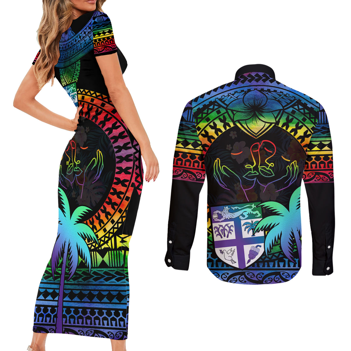 fiji-lgbt-couples-matching-short-sleeve-bodycon-dress-and-long-sleeve-button-shirts-love-is-love-tapa-pattern-rainbow-water-color