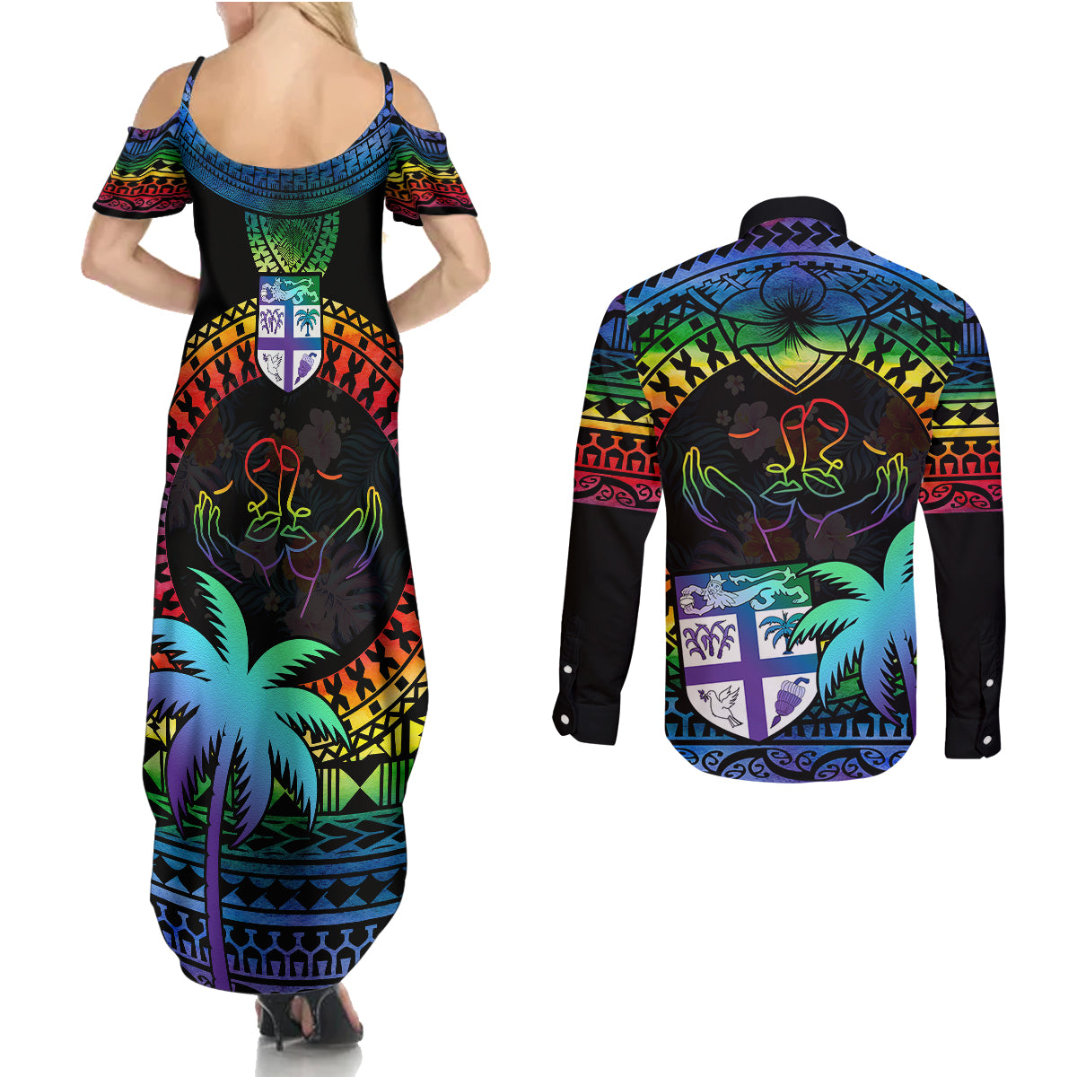 fiji-lgbt-couples-matching-summer-maxi-dress-and-long-sleeve-button-shirts-love-is-love-tapa-pattern-rainbow-water-color