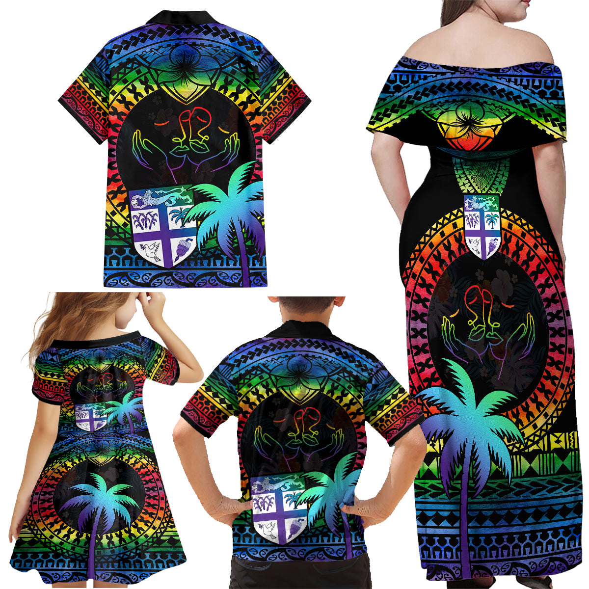 fiji-lgbt-family-matching-off-shoulder-maxi-dress-and-hawaiian-shirt-love-is-love-tapa-pattern-rainbow-water-color