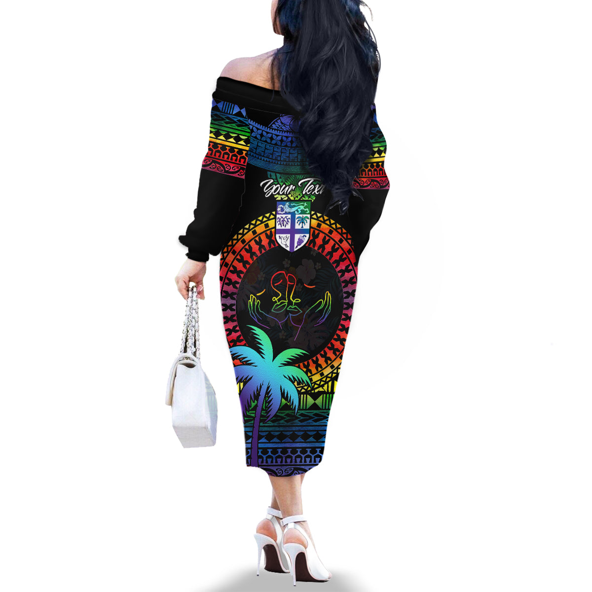 personalised-fiji-lgbt-family-matching-off-shoulder-long-sleeve-dress-and-hawaiian-shirt-love-is-love-tapa-pattern-rainbow-water-color