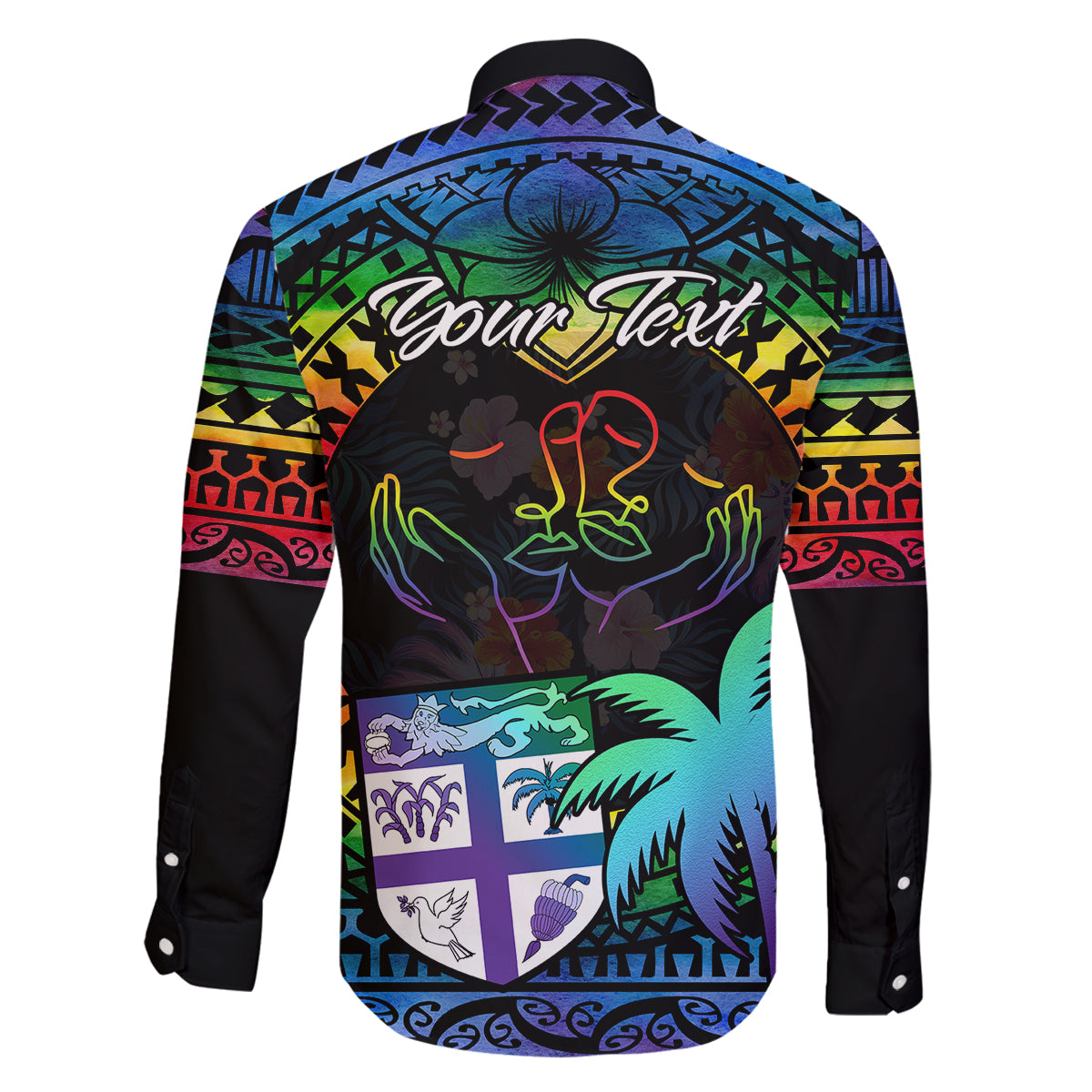 personalised-fiji-lgbt-family-matching-off-shoulder-maxi-dress-and-hawaiian-shirt-love-is-love-tapa-pattern-rainbow-water-color