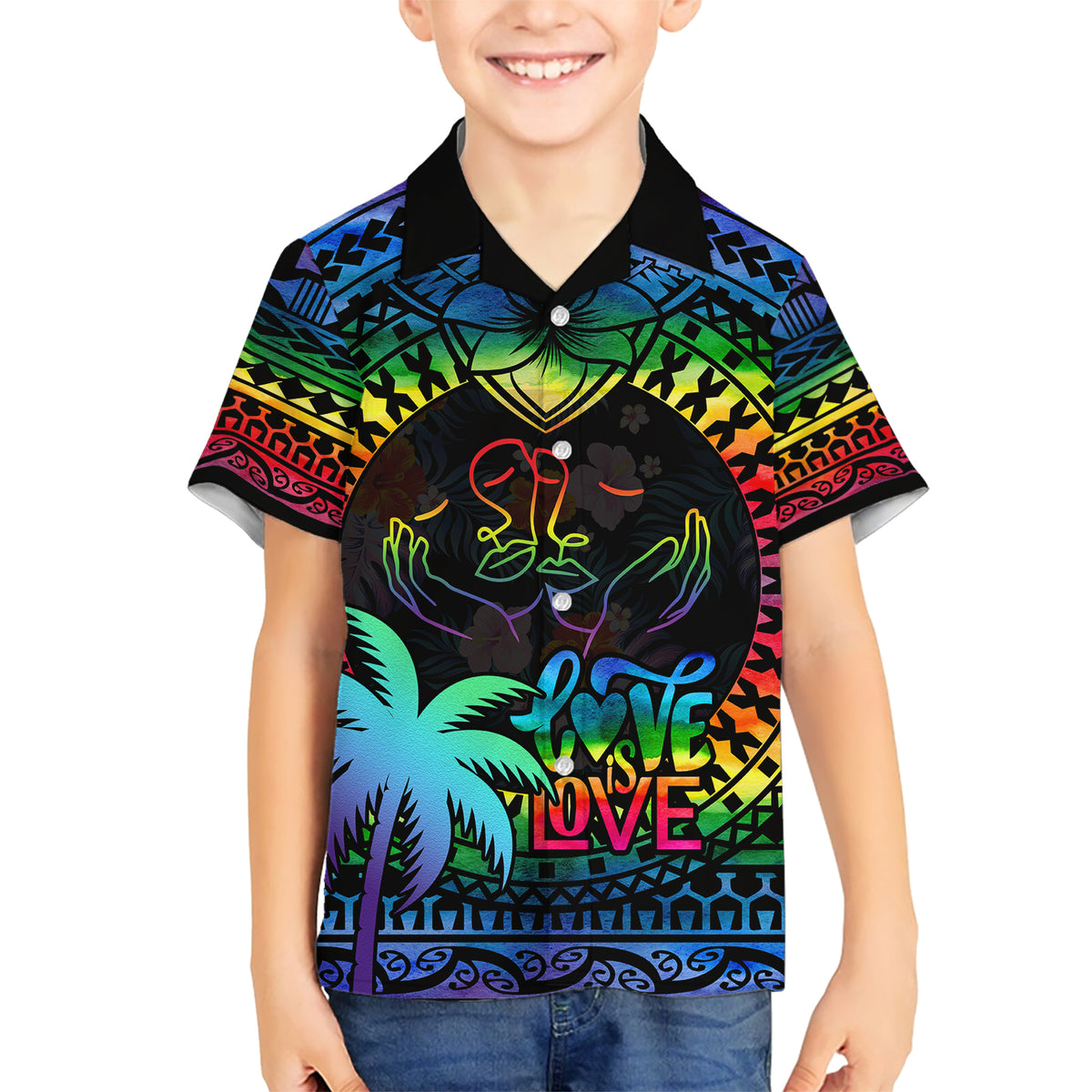 Personalised Fiji LGBT Kid Hawaiian Shirt Love Is Love Tapa Pattern Rainbow Water Color LT9 Kid Black - Polynesian Pride