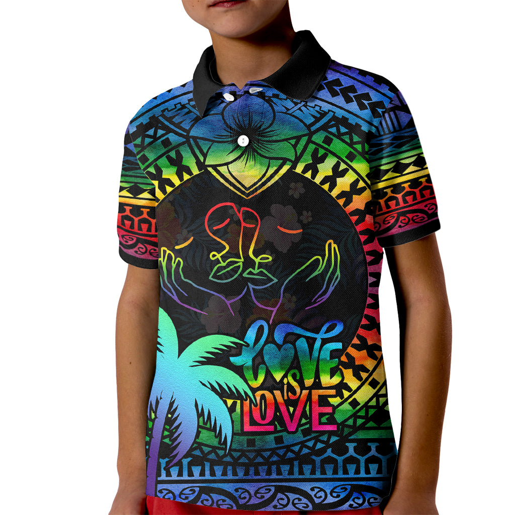 Personalised Fiji LGBT Kid Polo Shirt Love Is Love Tapa Pattern Rainbow Water Color LT9 Kid Black - Polynesian Pride