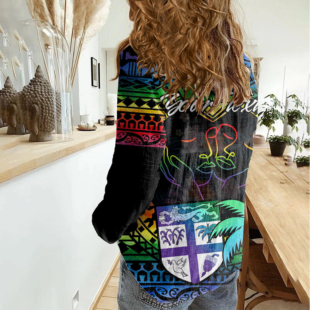 Personalised Fiji LGBT Women Casual Shirt Love Is Love Tapa Pattern Rainbow Water Color LT9 - Polynesian Pride