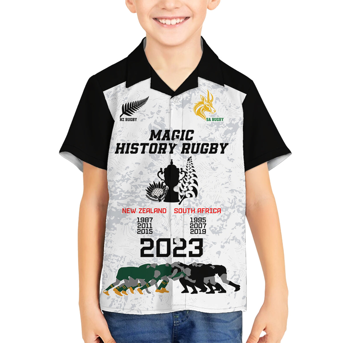 New Zealand South Africa Rugby Family Matching Off Shoulder Short Dress and Hawaiian Shirt History Commemorative World Cup Winners Unique LT9 Son's Shirt White - Polynesian Pride