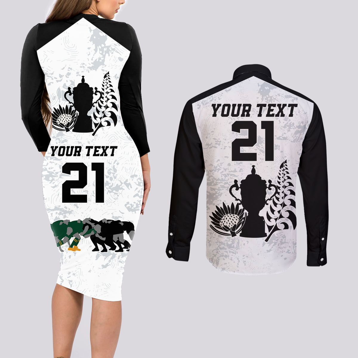 Custom New Zealand South Africa Rugby Couples Matching Long Sleeve Bodycon Dress and Long Sleeve Button Shirt History Commemorative World Cup Winners Unique LT9 - Polynesian Pride