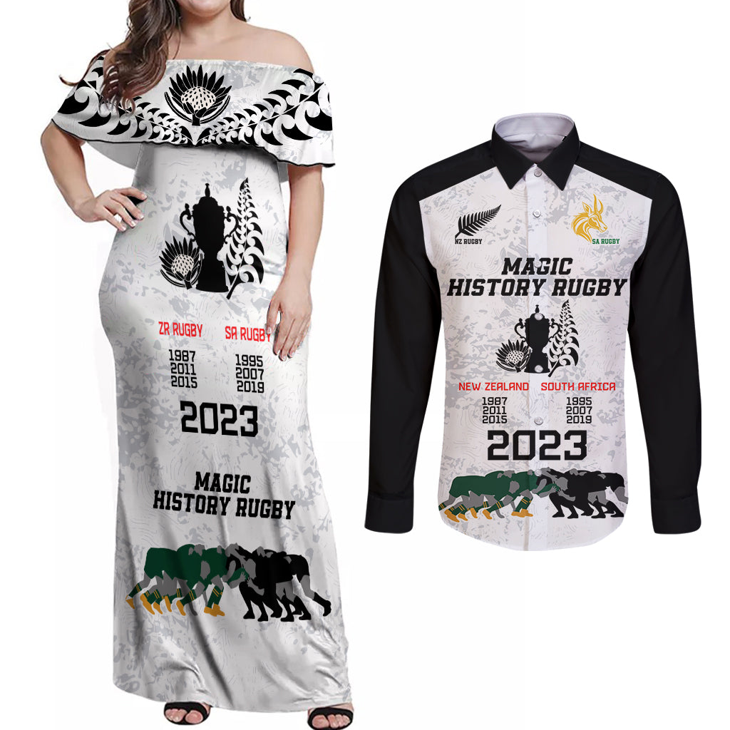 Custom New Zealand South Africa Rugby Couples Matching Off Shoulder Maxi Dress and Long Sleeve Button Shirt History Commemorative World Cup Winners Unique LT9 White - Polynesian Pride