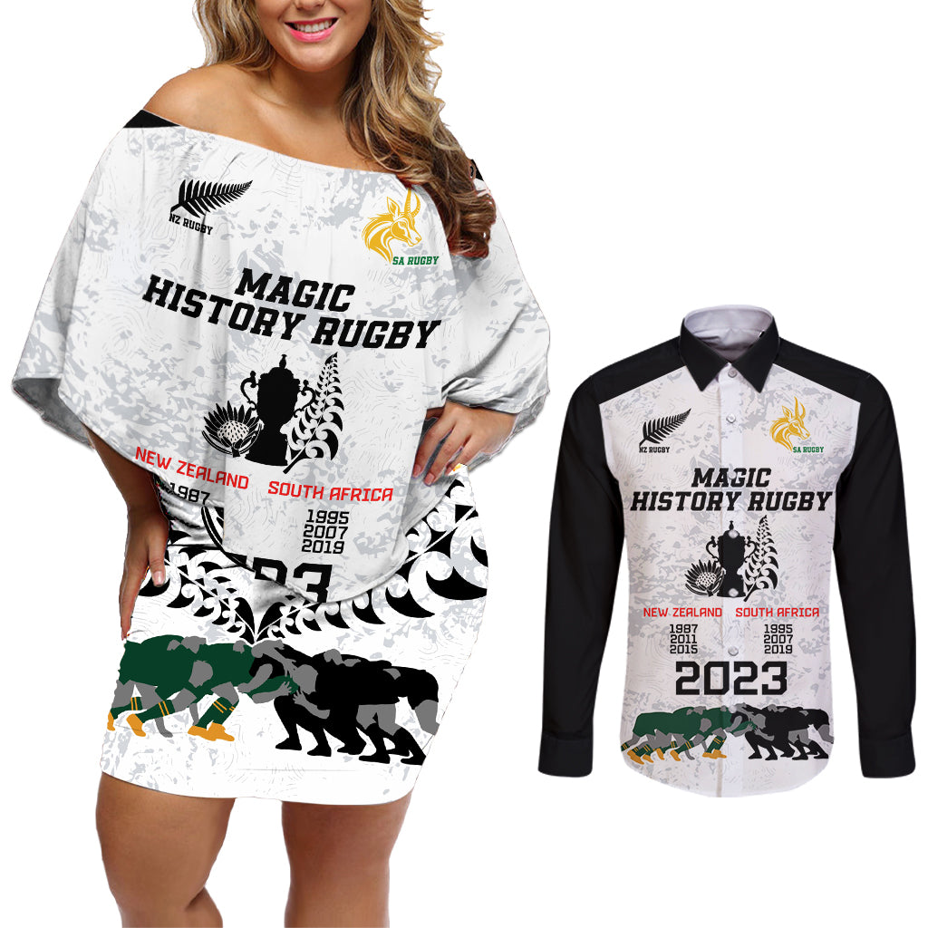 Custom New Zealand South Africa Rugby Couples Matching Off Shoulder Short Dress and Long Sleeve Button Shirt History Commemorative World Cup Winners Unique LT9 White - Polynesian Pride