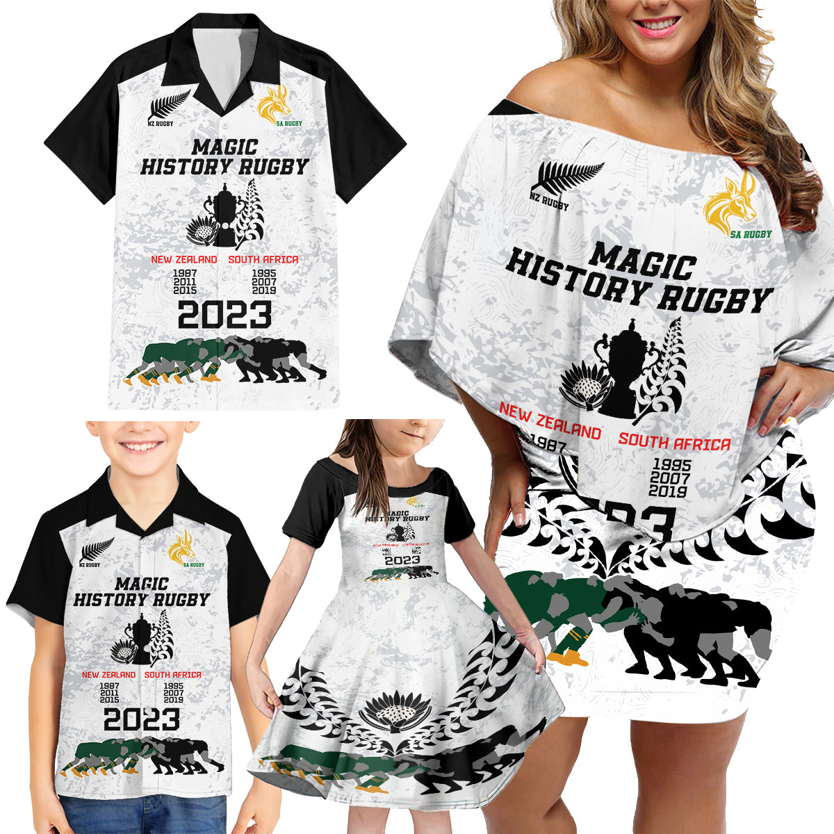 Custom New Zealand South Africa Rugby Family Matching Off Shoulder Short Dress and Hawaiian Shirt History Commemorative World Cup Winners Unique LT9 - Polynesian Pride