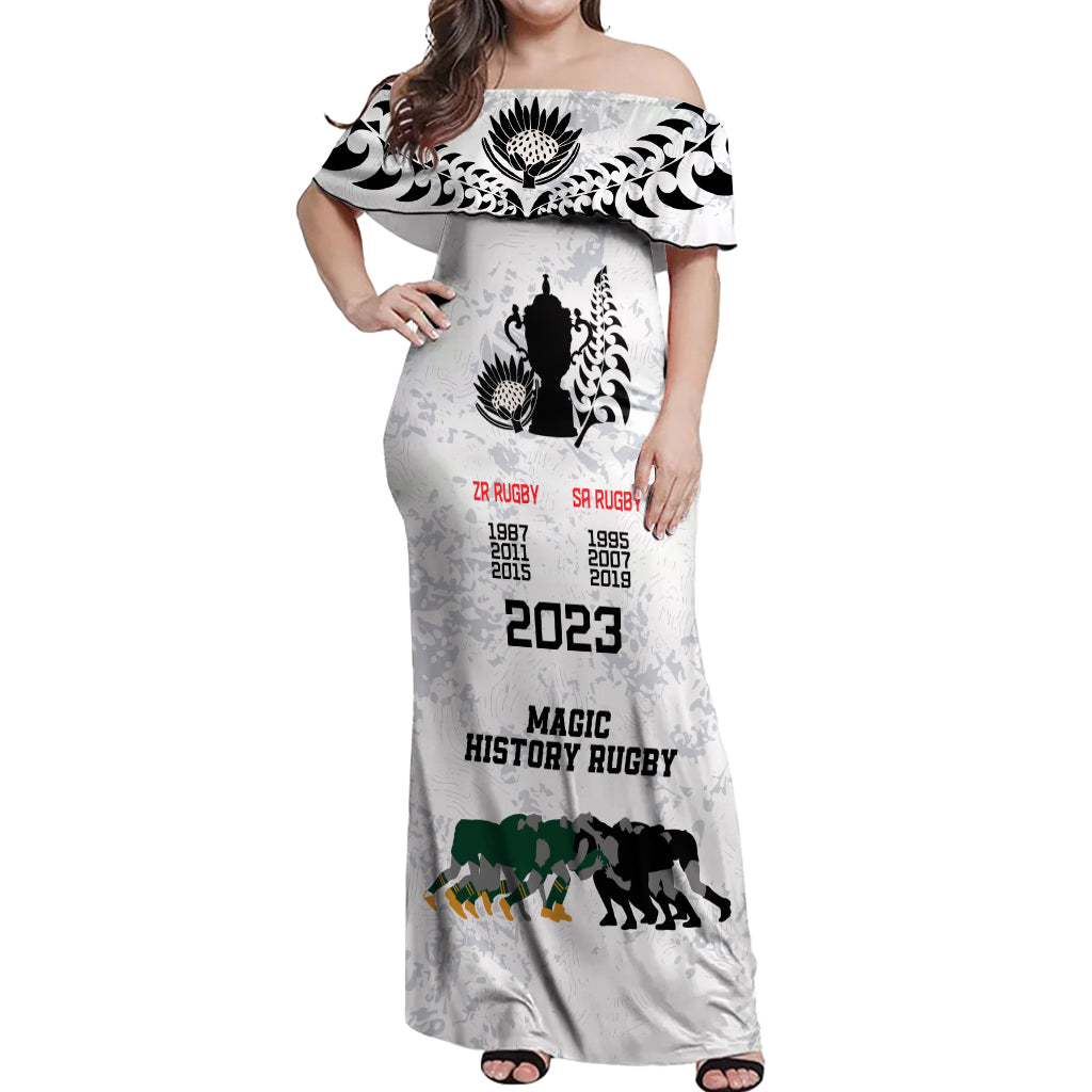 Custom New Zealand South Africa Rugby Off Shoulder Maxi Dress History Commemorative World Cup Winners Unique LT9 Women White - Polynesian Pride