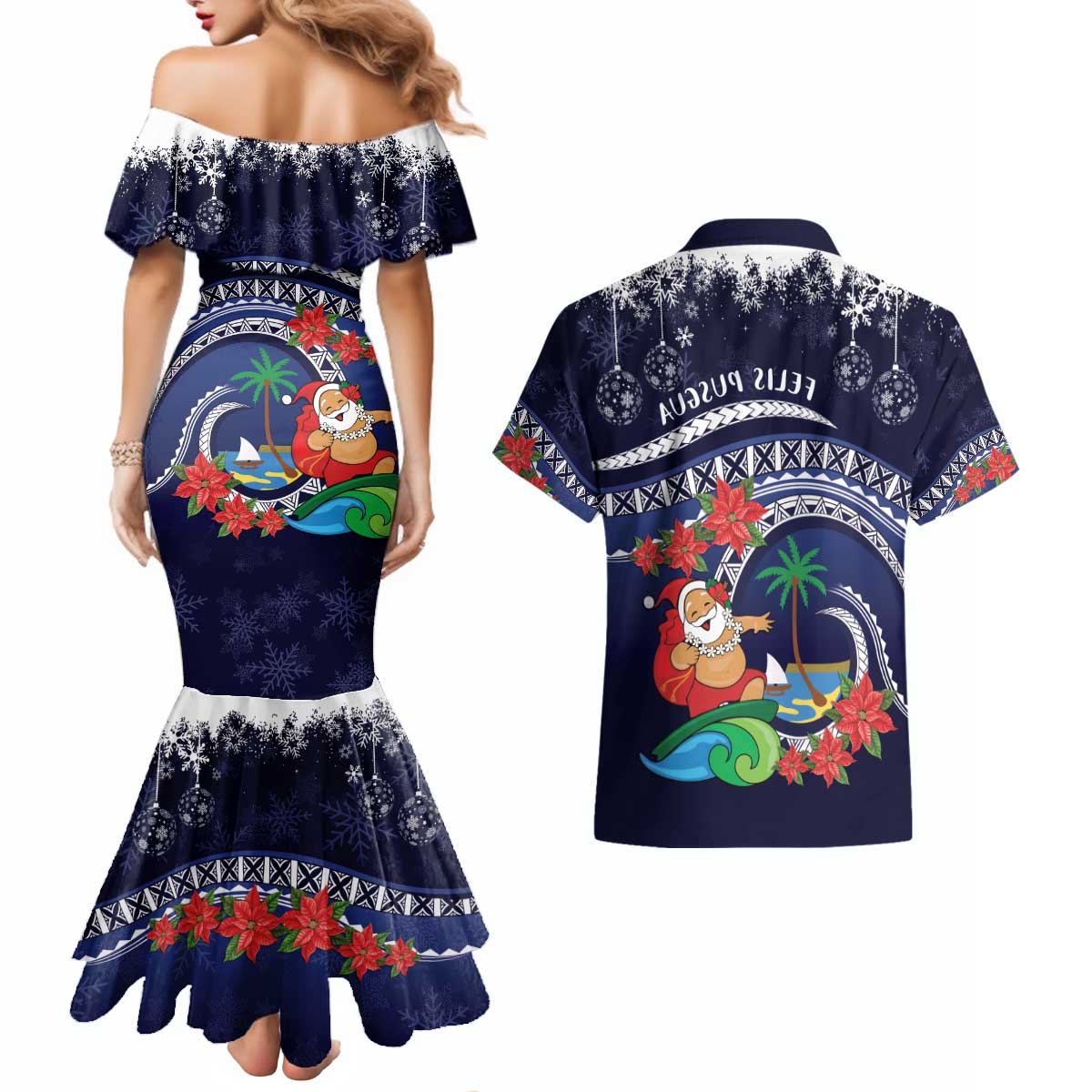 Felis Pusgua Guam Santa Couples Matching Mermaid Dress and Hawaiian Shirt Merry Christmas with Polynesian Tribal