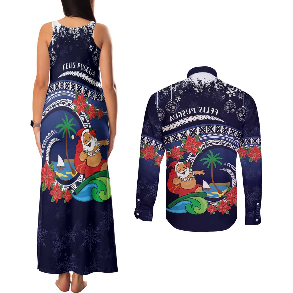 Felis Pusgua Guam Santa Couples Matching Tank Maxi Dress and Long Sleeve Button Shirt Merry Christmas with Polynesian Tribal