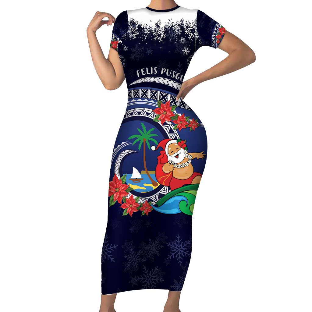 Felis Pusgua Guam Santa Family Matching Short Sleeve Bodycon Dress and Hawaiian Shirt Merry Christmas with Polynesian Tribal