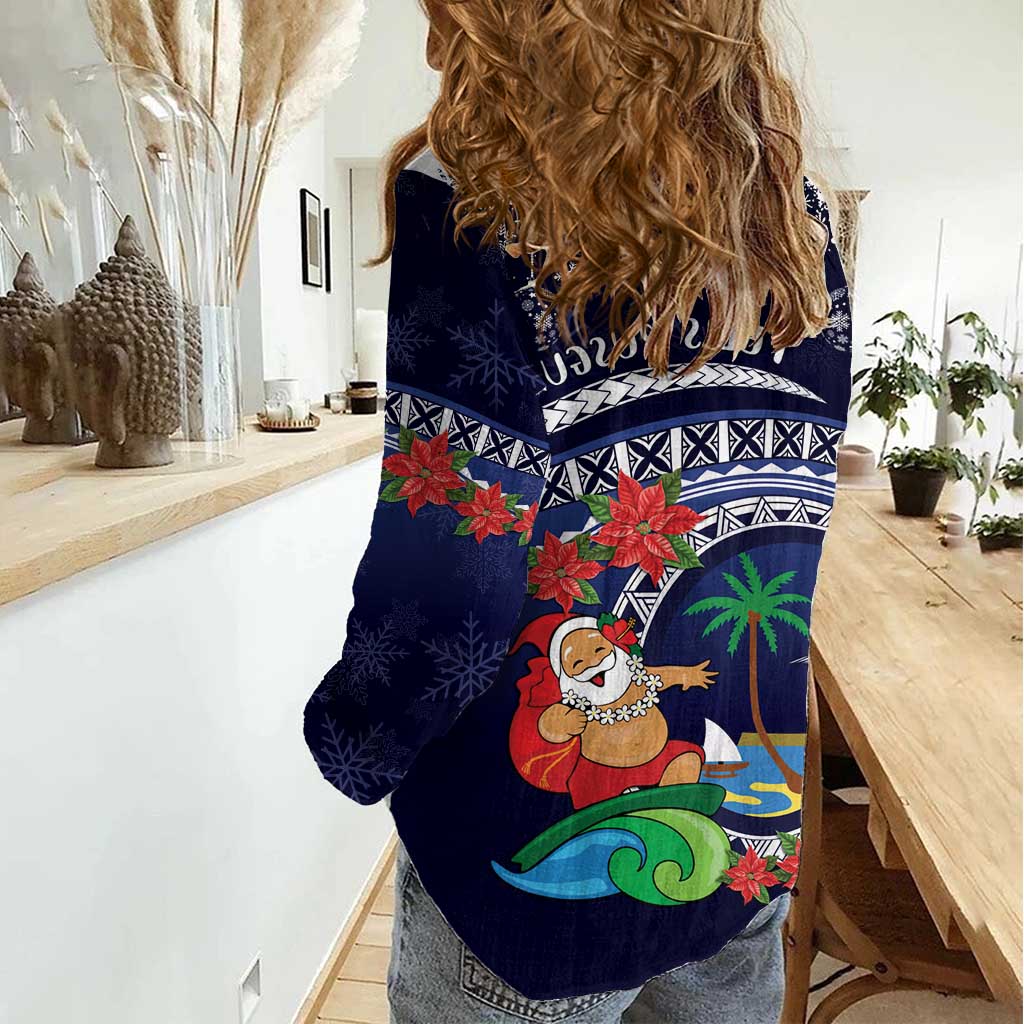Felis Pusgua Guam Santa Women Casual Shirt Merry Christmas with Polynesian Tribal