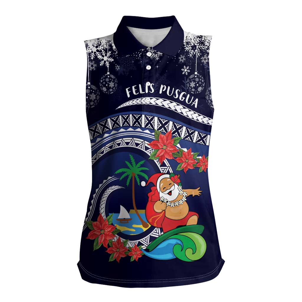 Felis Pusgua Guam Santa Women Sleeveless Polo Shirt Merry Christmas with Polynesian Tribal