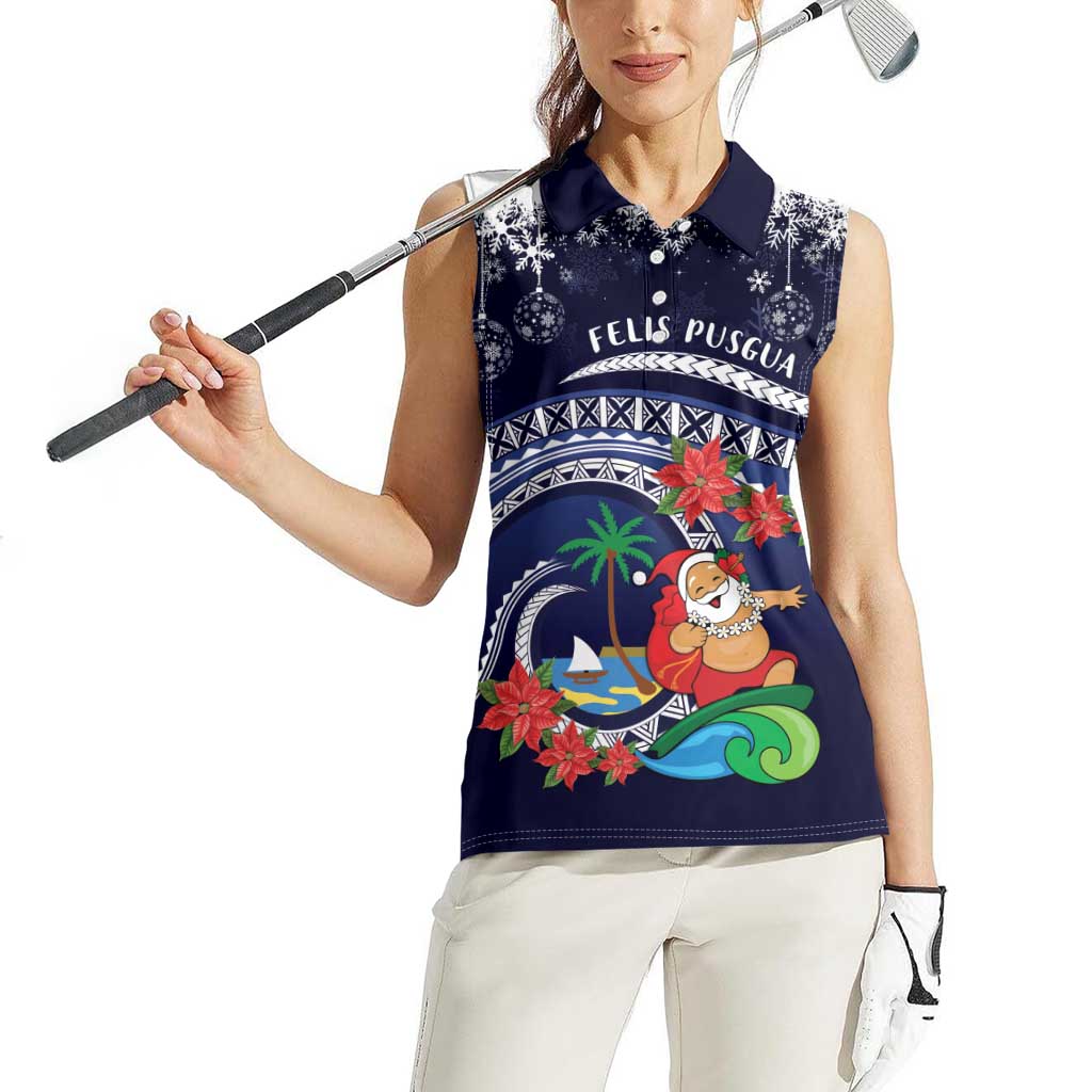 Felis Pusgua Guam Santa Women Sleeveless Polo Shirt Merry Christmas with Polynesian Tribal
