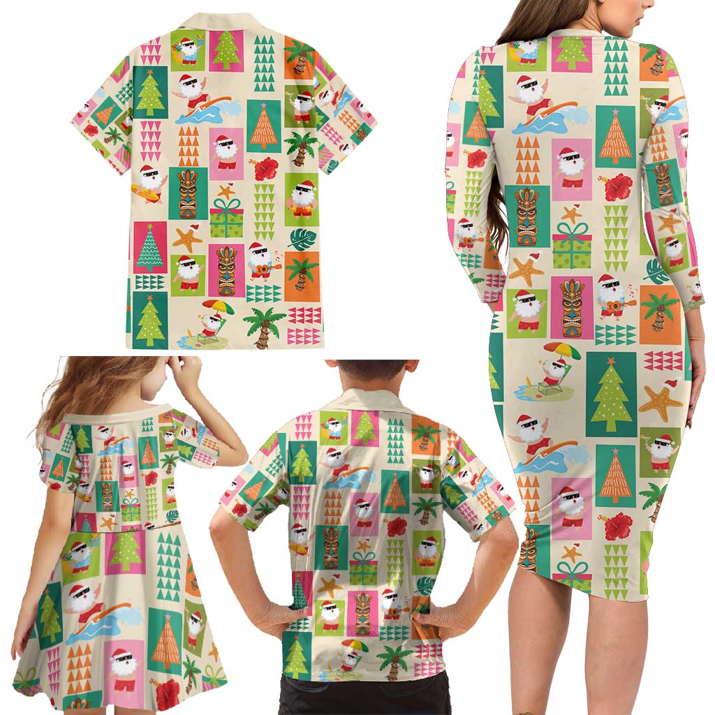 Mele Kalikimaka Hawaii Christmas Family Matching Long Sleeve Bodycon Dress and Hawaiian Shirt Funny Santan Hippie Style