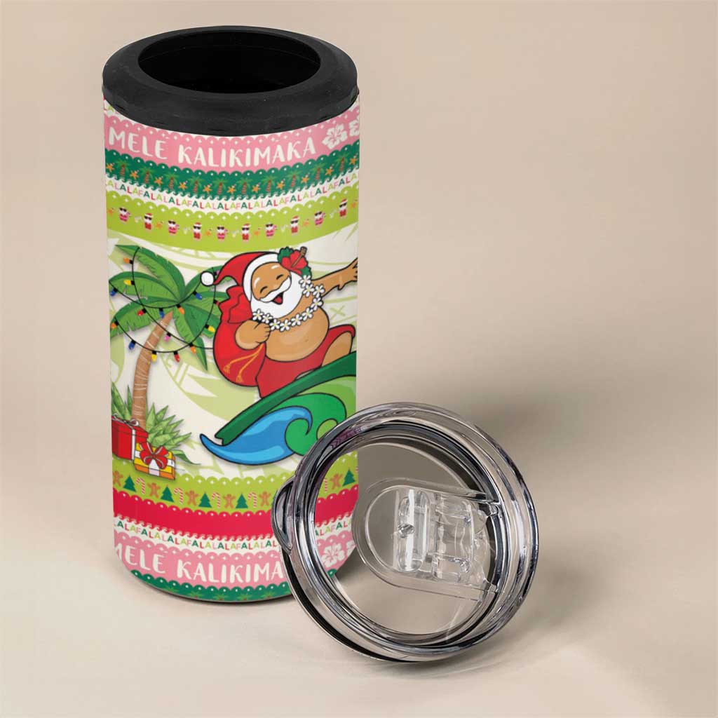 Mele Kalikimaka Hawaii Christmas 4 in 1 Can Cooler Tumbler Surfing Santa with Polynesian Tribal