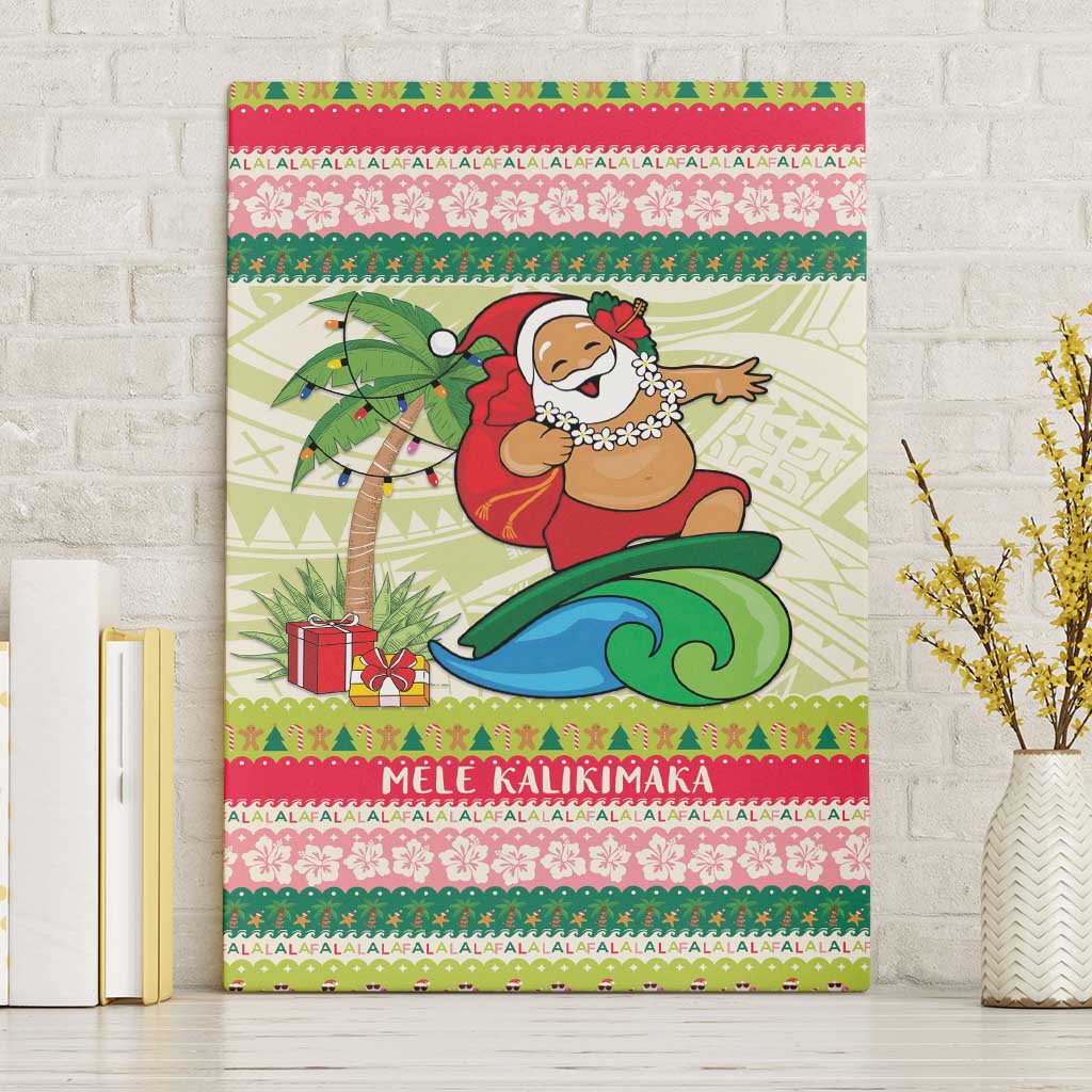 Mele Kalikimaka Hawaii Christmas Canvas Wall Art Surfing Santa with Polynesian Tribal