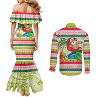 Mele Kalikimaka Hawaii Christmas Couples Matching Mermaid Dress and Long Sleeve Button Shirt Surfing Santa with Polynesian Tribal