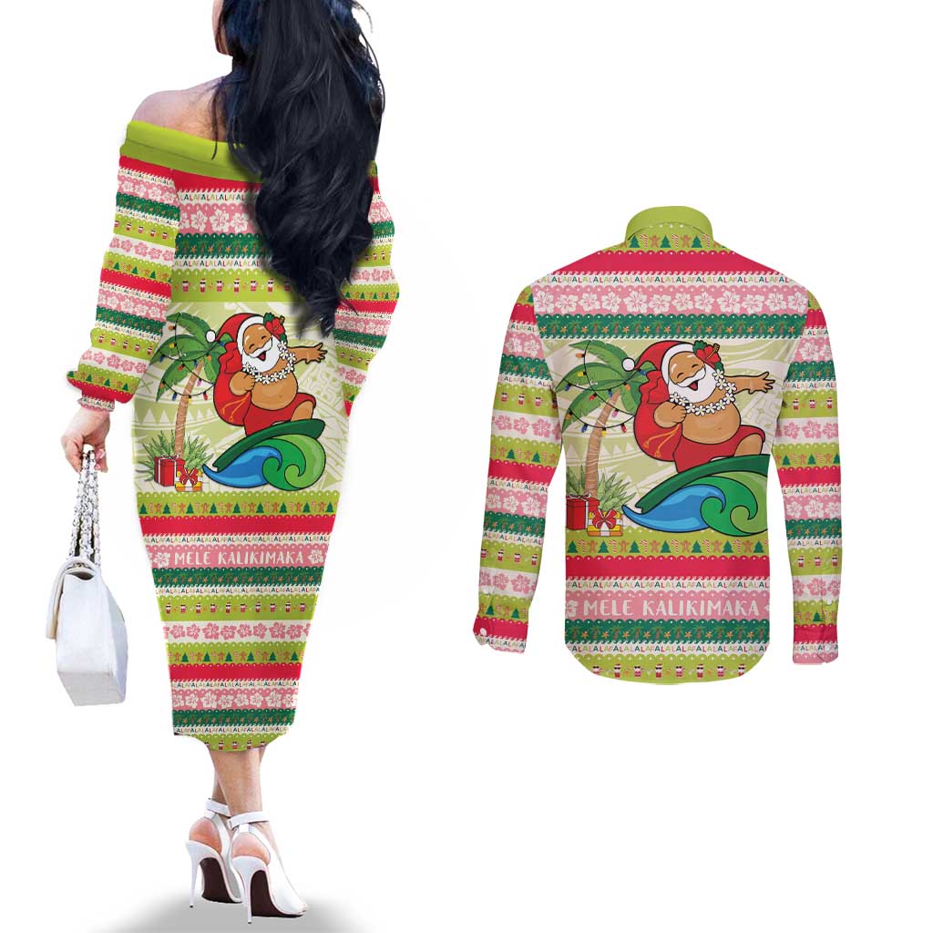 Mele Kalikimaka Hawaii Christmas Couples Matching Off The Shoulder Long Sleeve Dress and Long Sleeve Button Shirt Surfing Santa with Polynesian Tribal