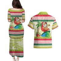 Mele Kalikimaka Hawaii Christmas Couples Matching Puletasi and Hawaiian Shirt Surfing Santa with Polynesian Tribal