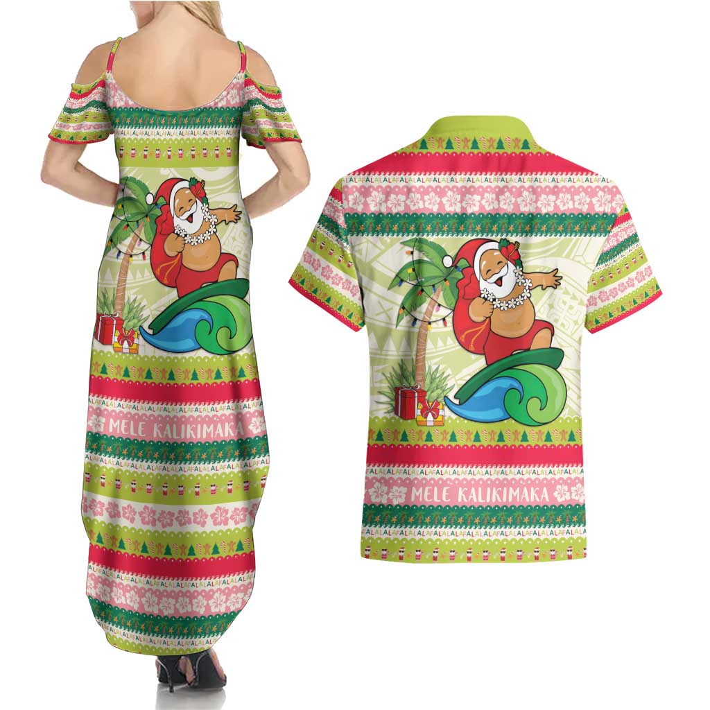 Mele Kalikimaka Hawaii Christmas Couples Matching Summer Maxi Dress and Hawaiian Shirt Surfing Santa with Polynesian Tribal