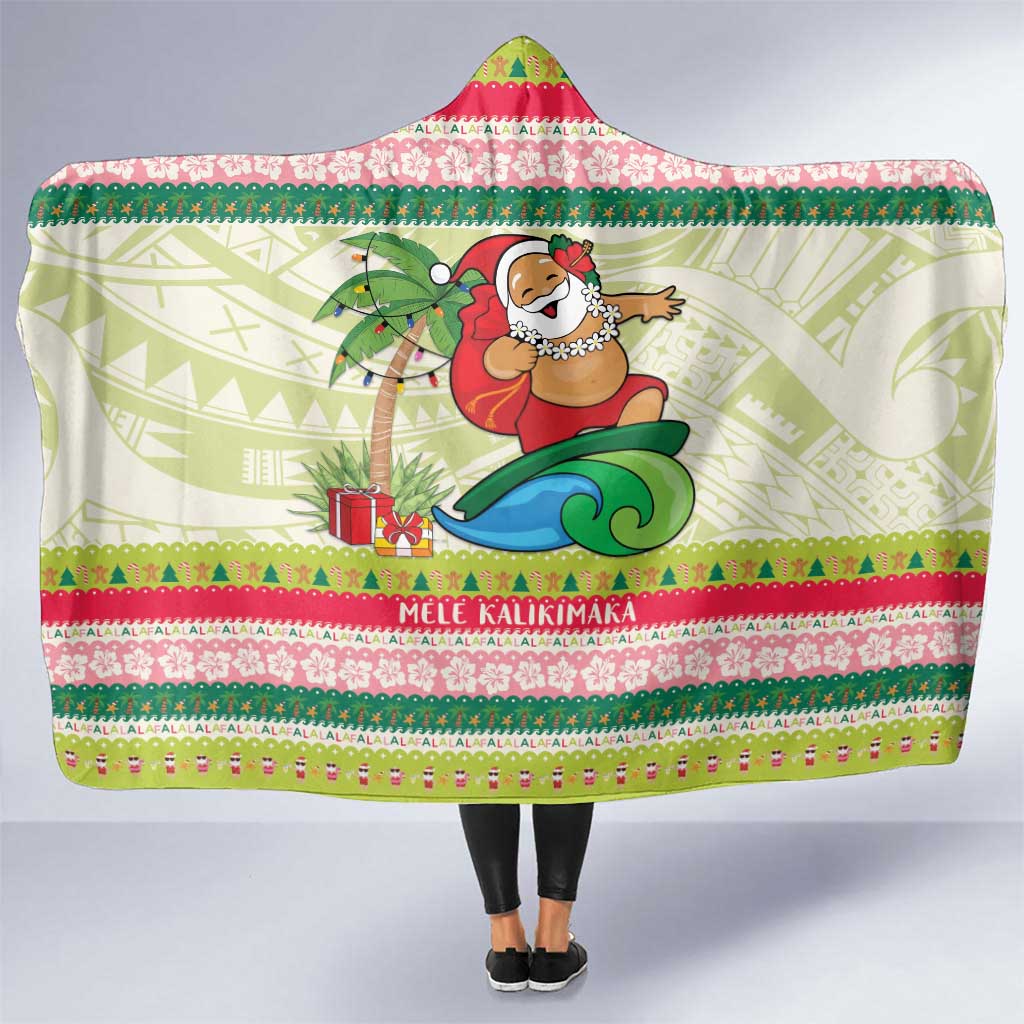 Mele Kalikimaka Hawaii Christmas Hooded Blanket Surfing Santa with Polynesian Tribal