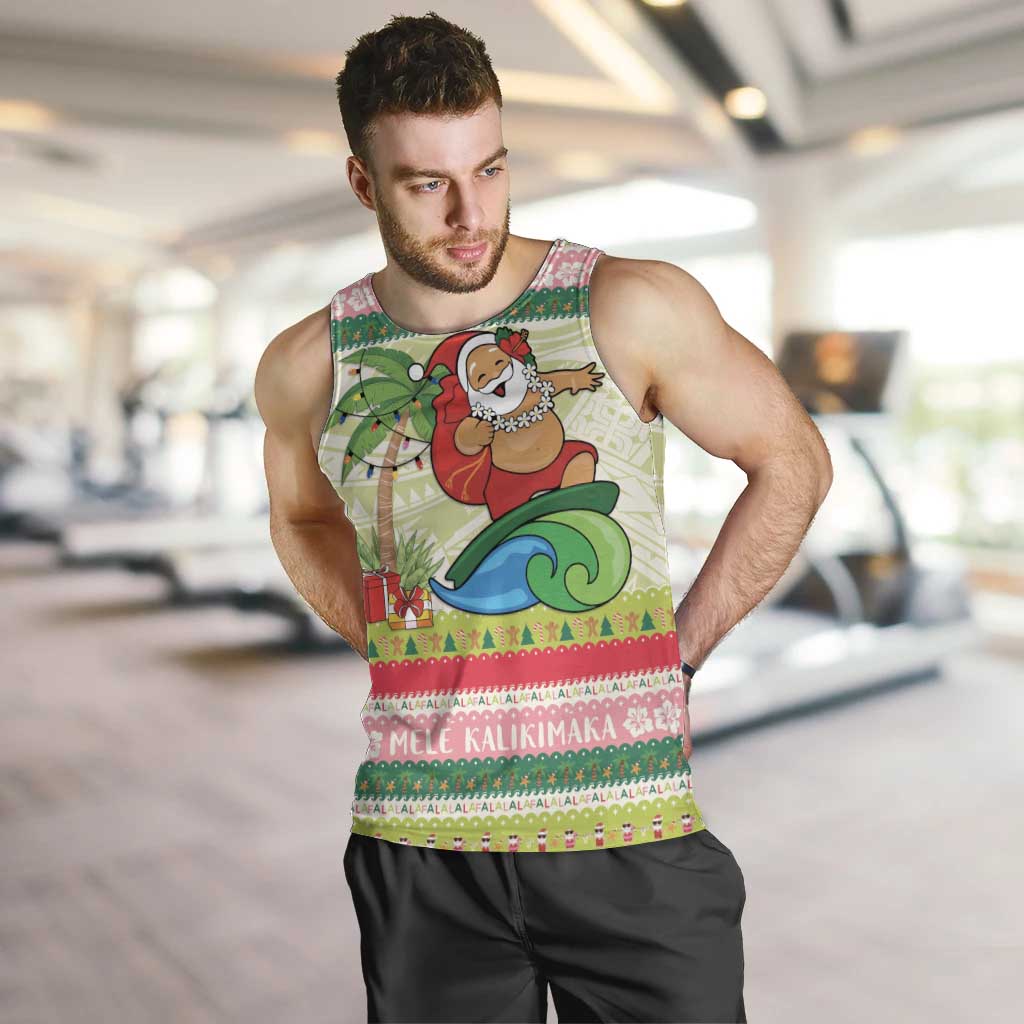 Mele Kalikimaka Hawaii Christmas Men Tank Top Surfing Santa with Polynesian Tribal