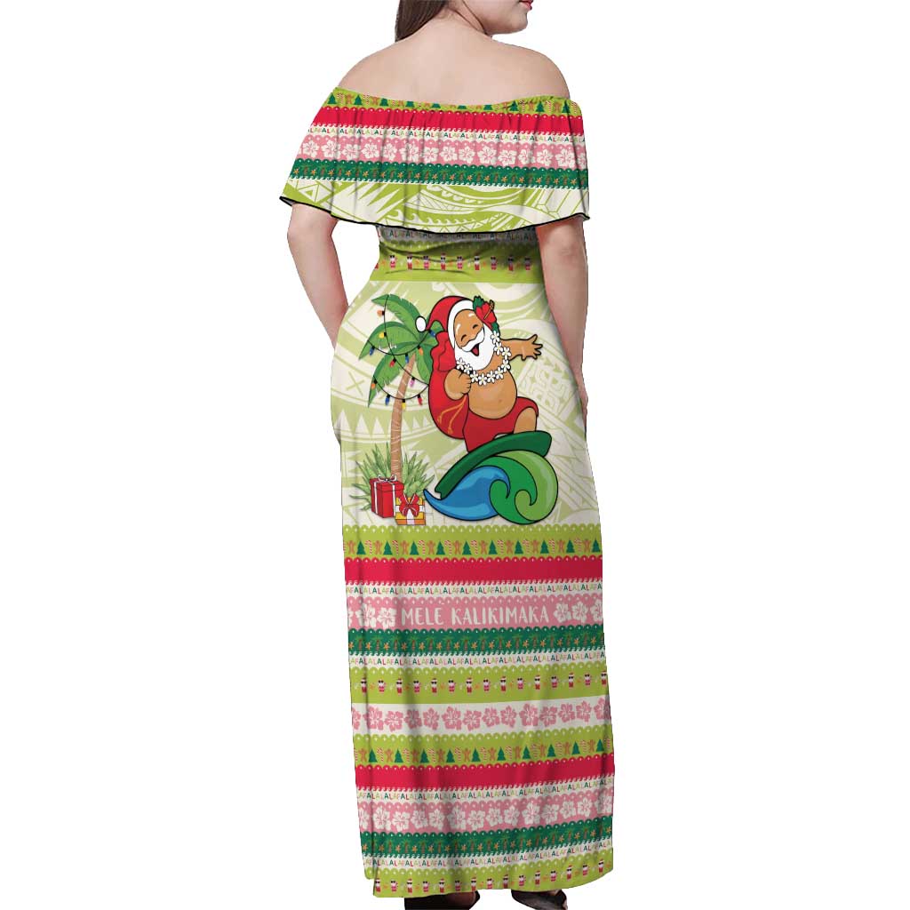 Mele Kalikimaka Hawaii Christmas Off Shoulder Maxi Dress Surfing Santa with Polynesian Tribal