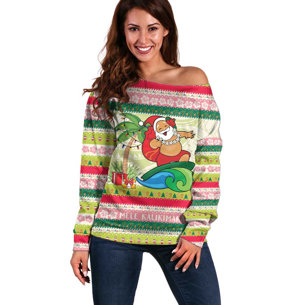 Mele Kalikimaka Hawaii Christmas Off Shoulder Sweater Surfing Santa with Polynesian Tribal