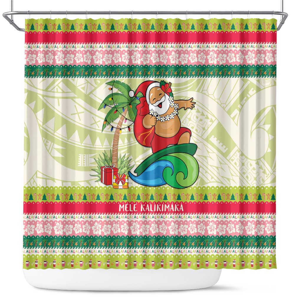 Mele Kalikimaka Hawaii Christmas Shower Curtain Surfing Santa with Polynesian Tribal