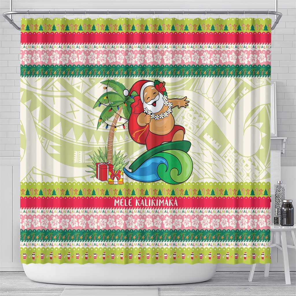 Mele Kalikimaka Hawaii Christmas Shower Curtain Surfing Santa with Polynesian Tribal