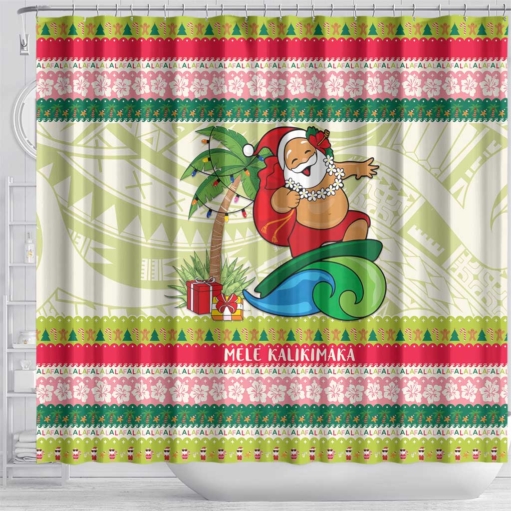 Mele Kalikimaka Hawaii Christmas Shower Curtain Surfing Santa with Polynesian Tribal