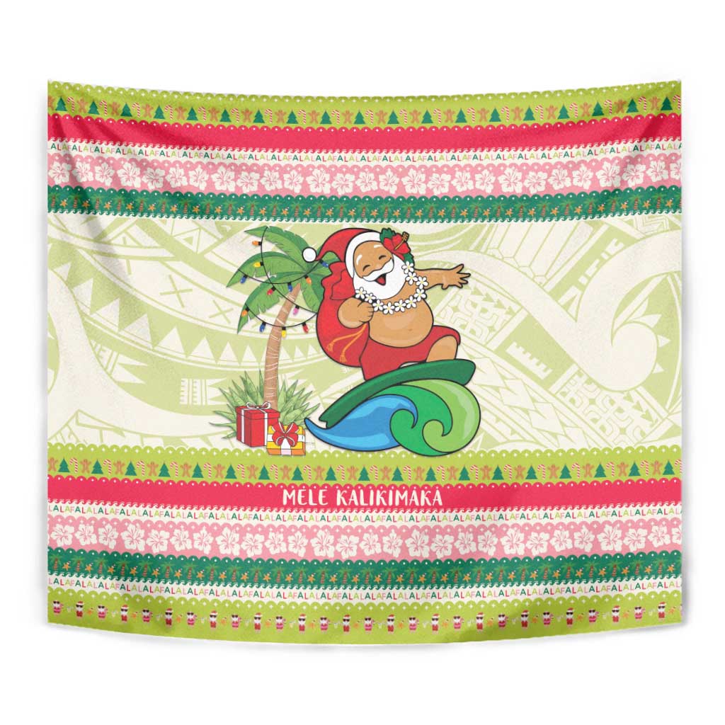 Mele Kalikimaka Hawaii Christmas Tapestry Surfing Santa with Polynesian Tribal