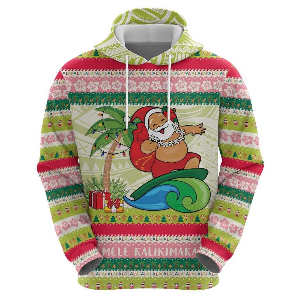 Mele Kalikimaka Hawaii Christmas Zip Hoodie Surfing Santa with Polynesian Tribal