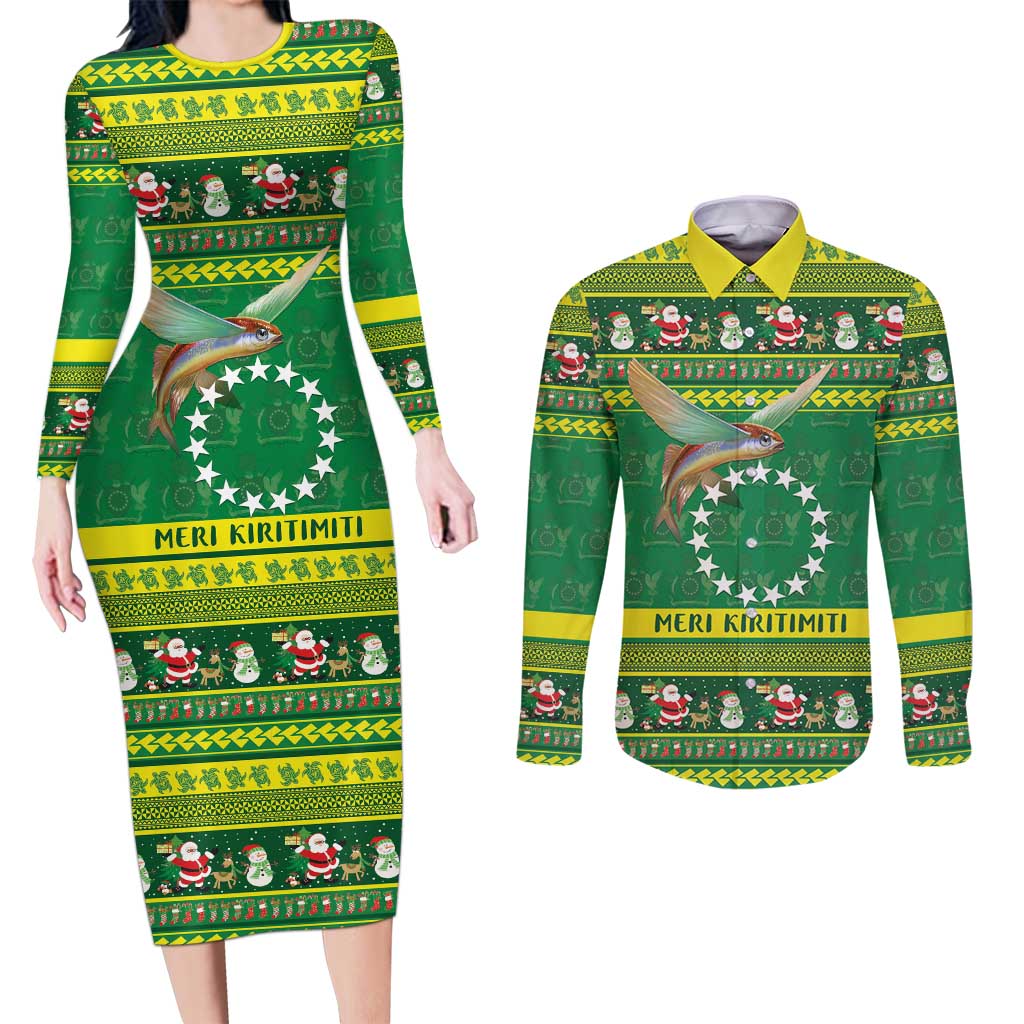 Meri Kiritimiti Cook Islands Christmas Couples Matching Long Sleeve Bodycon Dress and Long Sleeve Button Shirt Maroro Flying Fish and White Stars