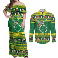 Meri Kiritimiti Cook Islands Christmas Couples Matching Off Shoulder Maxi Dress and Long Sleeve Button Shirt Maroro Flying Fish and White Stars