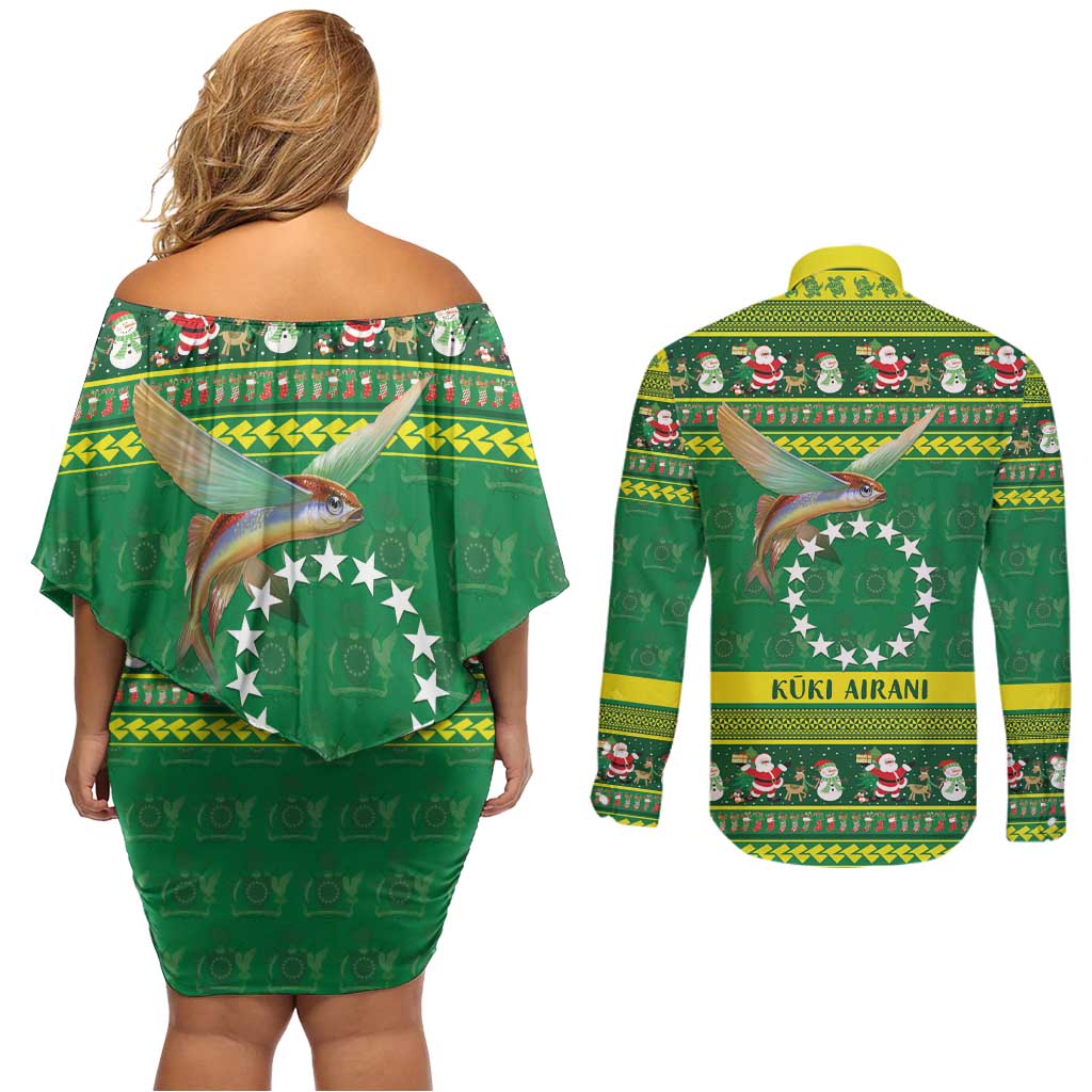 Meri Kiritimiti Cook Islands Christmas Couples Matching Off Shoulder Short Dress and Long Sleeve Button Shirt Maroro Flying Fish and White Stars