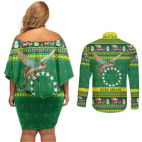 Meri Kiritimiti Cook Islands Christmas Couples Matching Off Shoulder Short Dress and Long Sleeve Button Shirt Maroro Flying Fish and White Stars