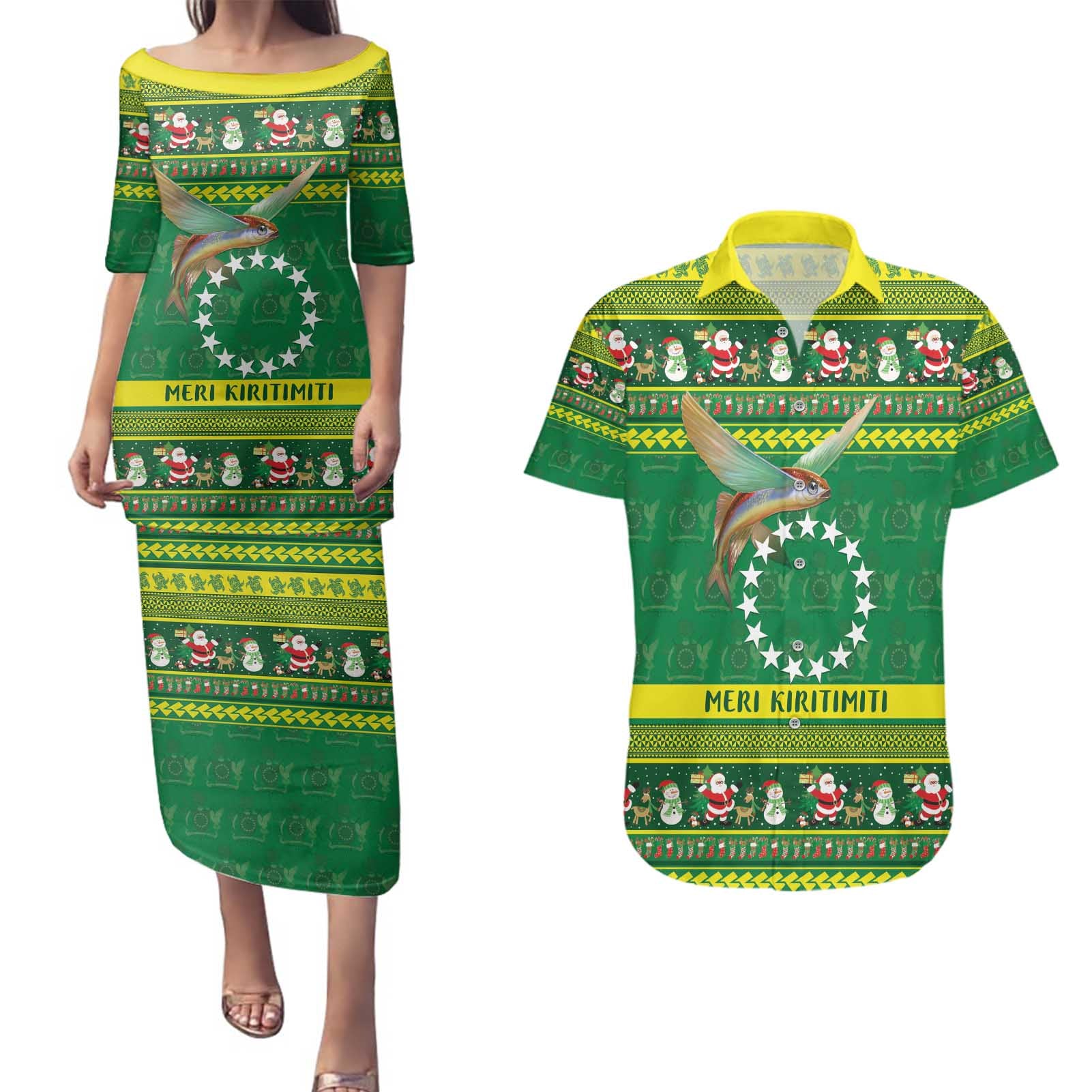 Meri Kiritimiti Cook Islands Christmas Couples Matching Puletasi and Hawaiian Shirt Maroro Flying Fish and White Stars