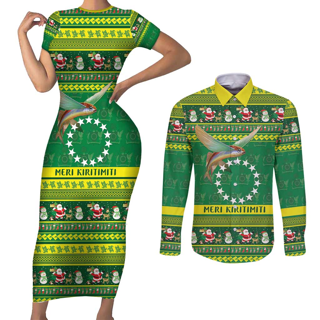 Meri Kiritimiti Cook Islands Christmas Couples Matching Short Sleeve Bodycon Dress and Long Sleeve Button Shirt Maroro Flying Fish and White Stars