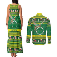 Meri Kiritimiti Cook Islands Christmas Couples Matching Tank Maxi Dress and Long Sleeve Button Shirt Maroro Flying Fish and White Stars