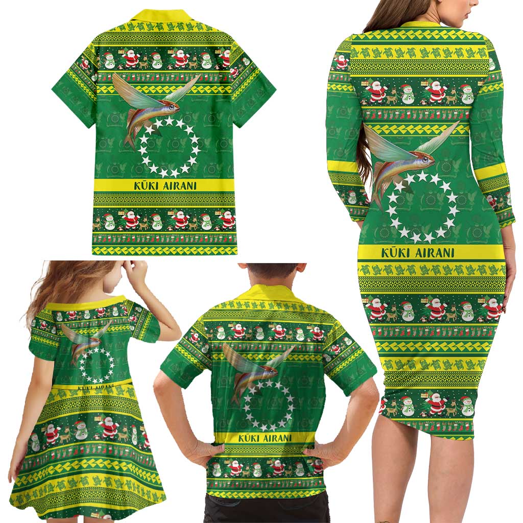 Meri Kiritimiti Cook Islands Christmas Family Matching Long Sleeve Bodycon Dress and Hawaiian Shirt Maroro Flying Fish and White Stars