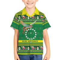 Meri Kiritimiti Cook Islands Christmas Family Matching Off Shoulder Maxi Dress and Hawaiian Shirt Maroro Flying Fish and White Stars LT9 Son's Shirt Green - Polynesian Pride